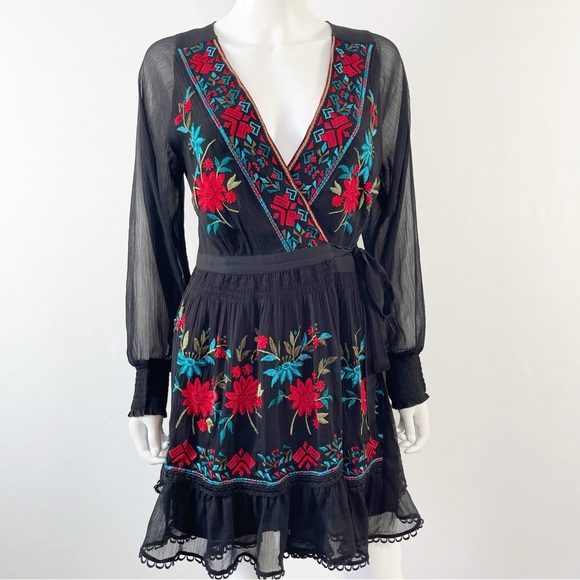 Anthropologie Dress Black Embroidered Wrap Not So Serious Size S Long Sleeve - Picture 3 of 13